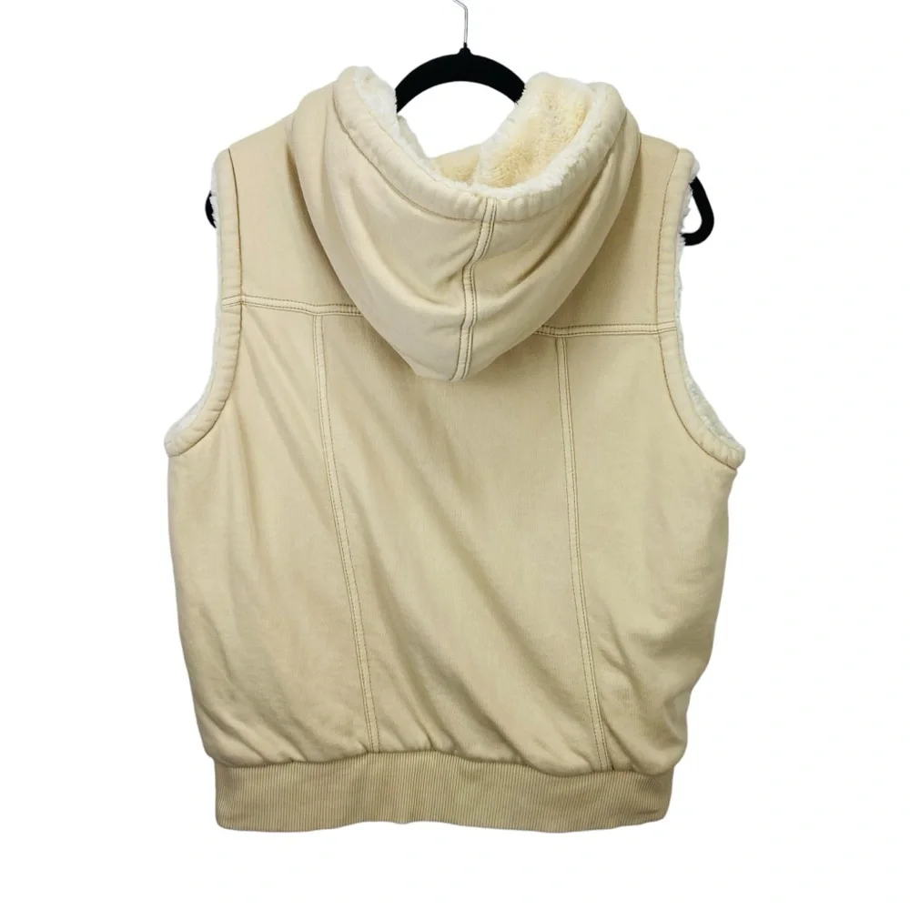 Y2K 90s Gap Vest Hoodie Womens L Ivory Faux Fur Lined Hood‎ Full Zip Pockets